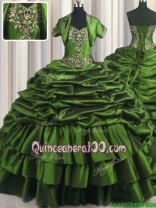 Smart Sweetheart Sleeveless Quinceanera Dress With Brush Train Beading and Appliques and Pick Ups Green Taffeta