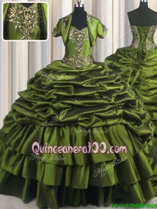 Wonderful Olive Green Ball Gowns Sweetheart Short Sleeves Taffeta With Brush Train Lace Up Ruffled Layers Quinceanera Dresses