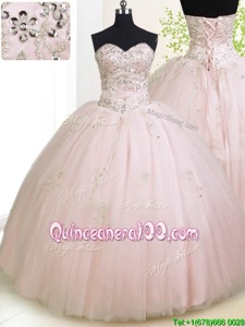 Elegant Rose Pink Lace Up 15 Quinceanera Dress Beading and Appliques Sleeveless Floor Length