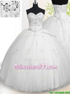 Traditional White Sweetheart Neckline Beading and Appliques Ball Gown Prom Dress Sleeveless Lace Up