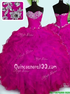 Unique Beading and Ruffles Sweet 16 Dresses Fuchsia Lace Up Sleeveless Floor Length