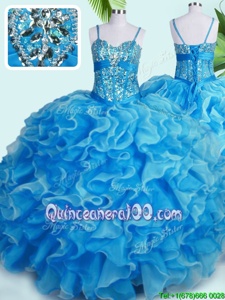 Affordable Organza Spaghetti Straps Sleeveless Lace Up Beading and Ruffles Quinceanera Gowns inBaby Blue