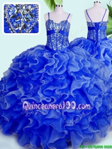 Edgy Spaghetti Straps Sleeveless Lace Up Quinceanera Gown Blue Organza