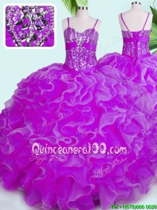 Floor Length Fuchsia 15th Birthday Dress Organza Sleeveless Spring and Summer and Fall and Winter Beading and Ruffles