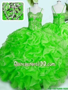 Comfortable Spaghetti Straps Sleeveless Ball Gown Prom Dress Floor Length Beading and Ruffles Spring Green Organza