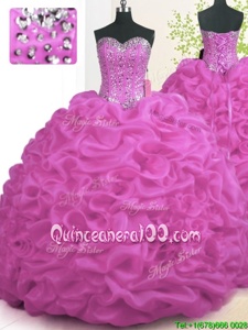 Traditional Sweetheart Sleeveless Brush Train Lace Up Ball Gown Prom Dress Fuchsia Organza