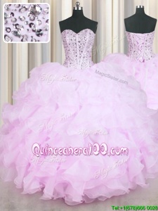 Custom Designed Lilac Mermaid Sweetheart Sleeveless Organza Floor Length Lace Up Beading and Ruffles Quinceanera Gown