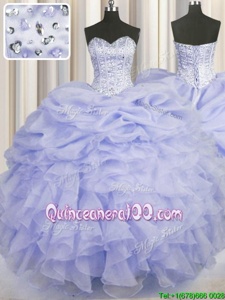 Fine Sleeveless Floor Length Beading and Ruffles Lace Up Sweet 16 Dress with Lavender