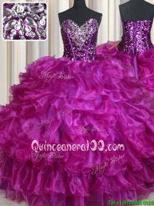 Fabulous Fuchsia Organza Lace Up Sweetheart Sleeveless Floor Length Quince Ball Gowns Beading and Ruffles