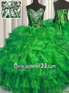 Cheap Spring Green Lace Up Sweetheart Beading and Ruffles 15 Quinceanera Dress Organza Sleeveless