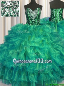 Stylish Organza Sweetheart Sleeveless Lace Up Beading and Ruffles Sweet 16 Dress inTurquoise