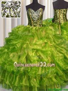 Smart Olive Green Lace Up Sweetheart Beading and Ruffles 15 Quinceanera Dress Organza Sleeveless