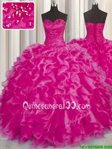 Fashion Hot Pink Ball Gowns Sweetheart Sleeveless Organza Floor Length Lace Up Beading and Ruffles Ball Gown Prom Dress