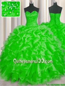 Fitting Spring Green Ball Gowns Sweetheart Sleeveless Organza Floor Length Lace Up Beading and Ruffles Quinceanera Gown
