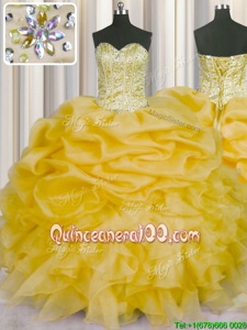 Flirting Gold Ball Gowns Beading and Ruffles and Pick Ups 15 Quinceanera Dress Lace Up Organza Sleeveless Floor Length