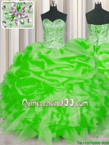 Sexy Spring Green Ball Gowns Beading and Ruffles and Pick Ups Quinceanera Gown Lace Up Organza Sleeveless Floor Length
