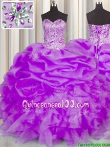 Fashionable Pick Ups Ball Gowns Ball Gown Prom Dress Purple Sweetheart Organza Sleeveless Floor Length Lace Up