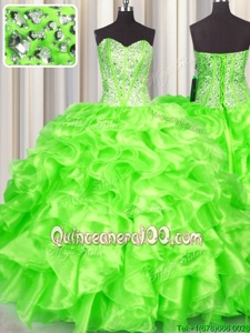 Great Sweetheart Sleeveless Quinceanera Gowns Floor Length Beading and Ruffles Spring Green Organza