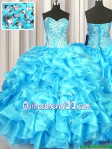 Fantastic Aqua Blue Sleeveless Floor Length Beading and Ruffles Lace Up 15th Birthday Dress