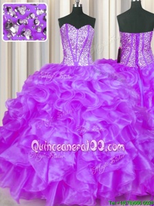Sleeveless Organza Floor Length Lace Up Quince Ball Gowns inEggplant Purple forSpring and Summer and Fall and Winter withBeading and Ruffles