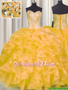 Decent Gold Sleeveless Organza Lace Up Quinceanera Dresses forMilitary Ball and Sweet 16 and Quinceanera