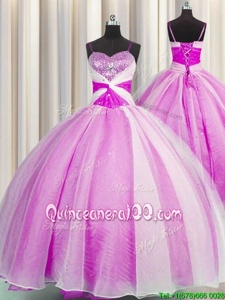 Noble Spaghetti Straps Fuchsia Sleeveless Beading and Sequins and Ruching Floor Length Quinceanera Gowns