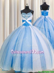 Shining Baby Blue 15th Birthday Dress Military Ball and Sweet 16 and Quinceanera and For withBeading and Sequins and Ruching Spaghetti Straps Sleeveless Lace Up