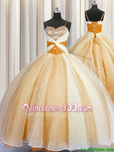 Smart Orange Lace Up Spaghetti Straps Beading and Ruching Ball Gown Prom Dress Organza Sleeveless