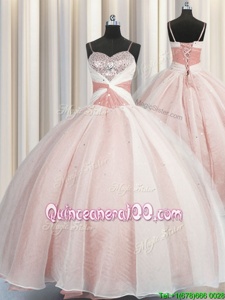 Elegant Spaghetti Straps Floor Length Ball Gowns Sleeveless Pink Quinceanera Dresses Lace Up