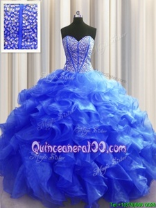 Fantastic Visible Boning Royal Blue Sleeveless Organza Lace Up 15th Birthday Dress forMilitary Ball and Sweet 16 and Quinceanera