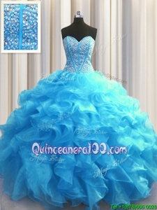 Extravagant Visible Boning Baby Blue Sleeveless Beading and Ruffles Floor Length Ball Gown Prom Dress