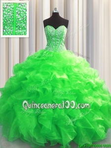 Cute Visible Boning Floor Length Lace Up Quinceanera Gowns Green and In forMilitary Ball and Sweet 16 and Quinceanera withBeading and Ruffles