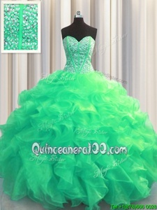 Comfortable Visible Boning Turquoise Lace Up Sweetheart Beading and Ruffles Quinceanera Dress Organza Sleeveless