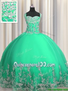 Artistic Turquoise Organza Lace Up Sweetheart Sleeveless Floor Length 15th Birthday Dress Beading and Appliques