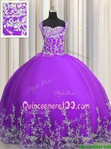 Spectacular Sleeveless Tulle Floor Length Lace Up Quinceanera Dress inEggplant Purple forSpring and Summer and Fall and Winter withBeading and Appliques