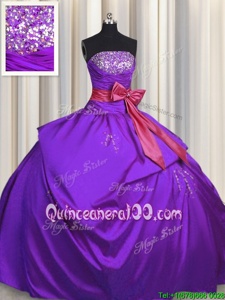 Glittering Floor Length Purple Quinceanera Dresses Taffeta Sleeveless Spring and Summer and Fall and Winter Beading and Bowknot