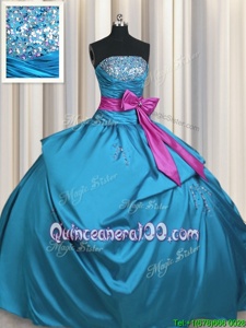 Discount Floor Length Lace Up Quinceanera Dresses Teal and In forMilitary Ball and Sweet 16 and Quinceanera withBeading and Ruching and Bowknot