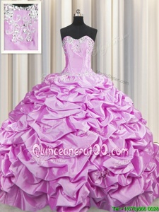 Customized Brush Train Lilac Sweetheart Neckline Beading and Pick Ups Quinceanera Dresses Sleeveless Lace Up