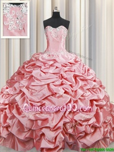 Suitable Sweetheart Sleeveless Quinceanera Gowns Brush Train Beading and Pick Ups Baby Pink Taffeta