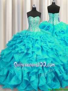 Vintage Visible Boning Sweetheart Sleeveless Organza Quince Ball Gowns Beading and Ruffles Brush Train Lace Up