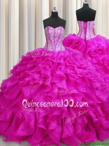 Spectacular Visible Boning Sleeveless Beading and Ruffles Lace Up Sweet 16 Quinceanera Dress with Fuchsia Brush Train
