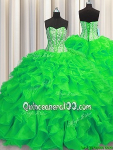 Visible Boning Green Sweetheart Lace Up Beading and Ruffles Quinceanera Dresses Brush Train Sleeveless