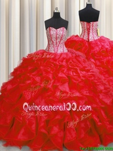 Most Popular Visible Boning Red Sleeveless Beading and Ruffles Floor Length Sweet 16 Dress
