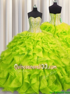 Dazzling Visible Boning Sleeveless Floor Length Beading and Ruffles Lace Up 15th Birthday Dress with Yellow Green