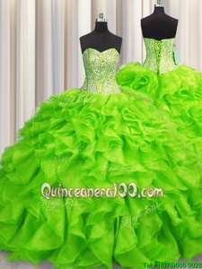 Popular Visible Boning Spring Green Ball Gowns Sweetheart Sleeveless Organza Floor Length Lace Up Beading and Ruffles Sweet 16 Dresses