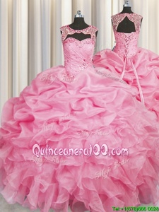 Hot Sale Pick Ups Scoop Sleeveless Lace Up 15 Quinceanera Dress Rose Pink Organza