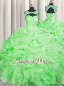 Eye-catching Spring Green Ball Gowns Organza Scoop Sleeveless Beading and Pick Ups Floor Length Lace Up Quinceanera Gowns