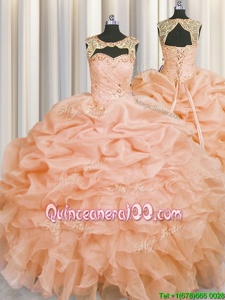 Custom Design Scoop Peach Sleeveless Floor Length Beading and Pick Ups Lace Up 15 Quinceanera Dress