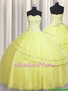 Traditional Visible Boning Really Puffy Floor Length Ball Gowns Sleeveless Light Yellow Ball Gown Prom Dress Lace Up