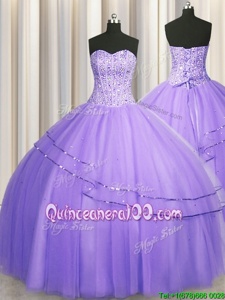 Fashionable Visible Boning Big Puffy Floor Length Ball Gowns Sleeveless Lavender Sweet 16 Dress Lace Up